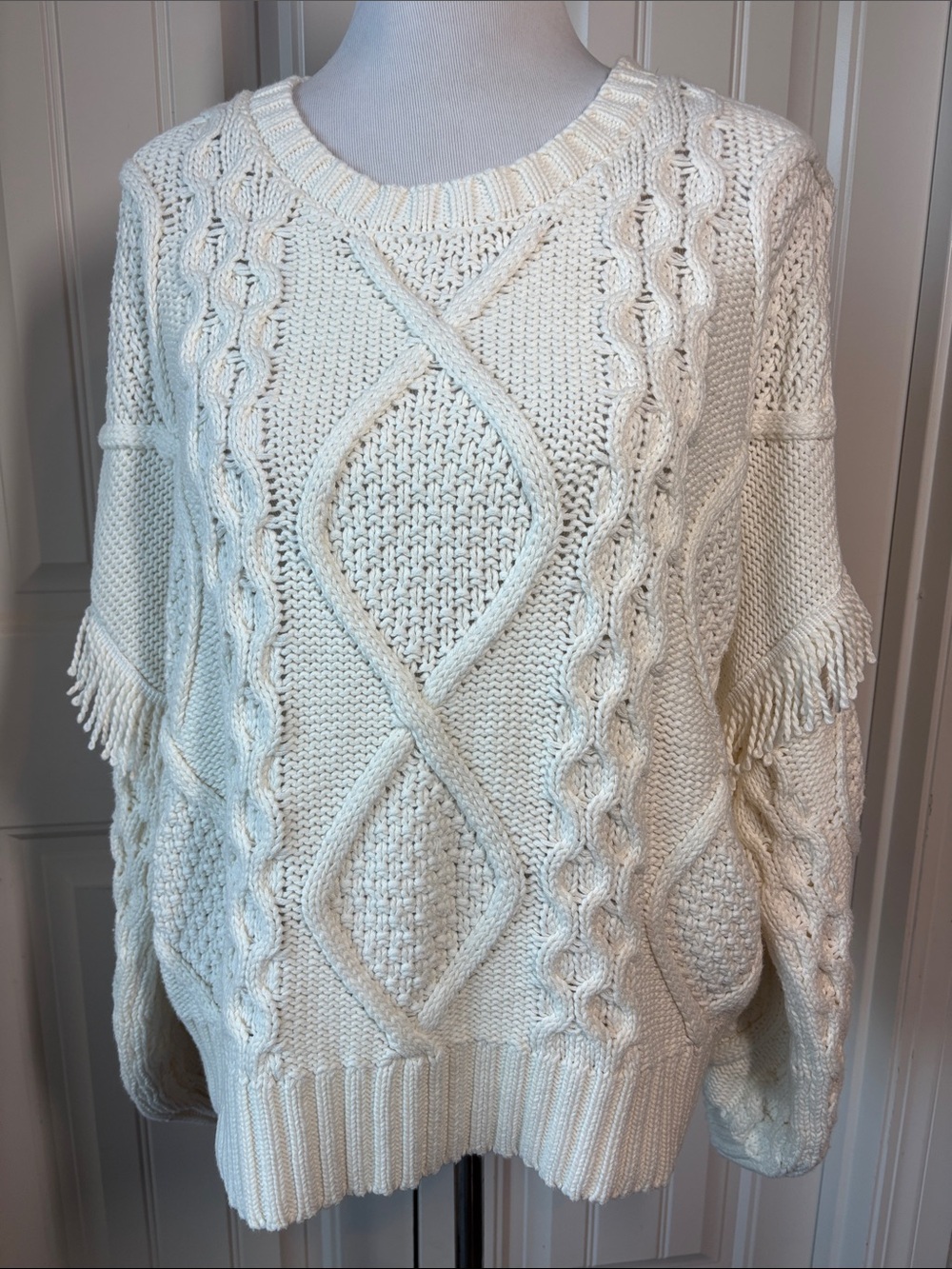 Cyrus Cream Cable-Knit Fringe-Trim Sweater